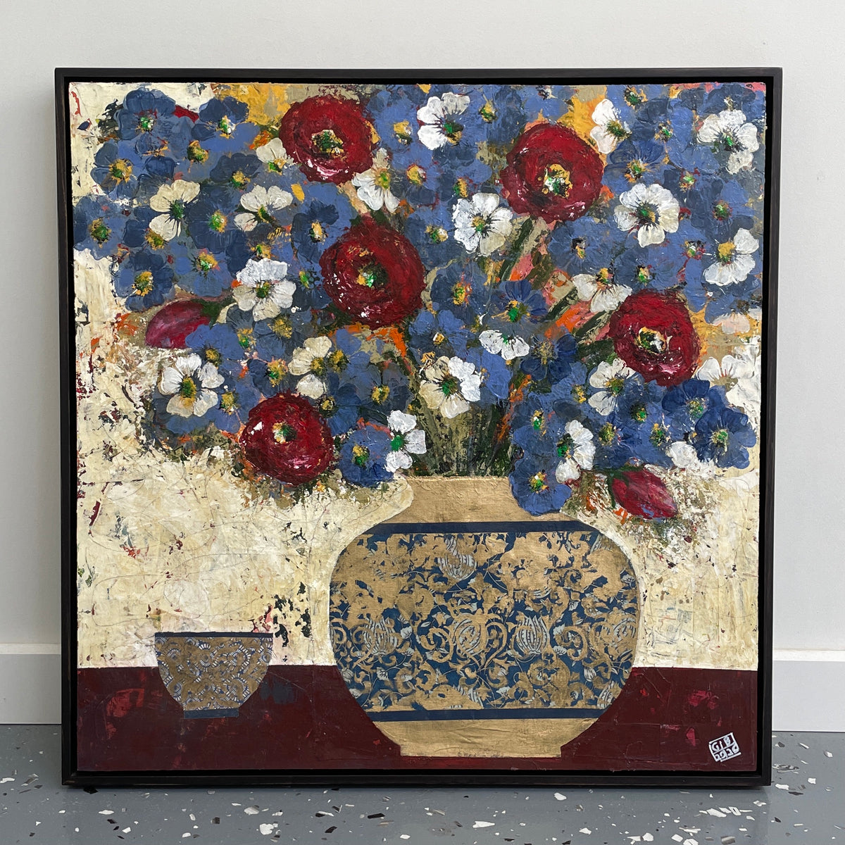 GEORGINA BARNETT Blue and red flowers in a golden vase and bowl