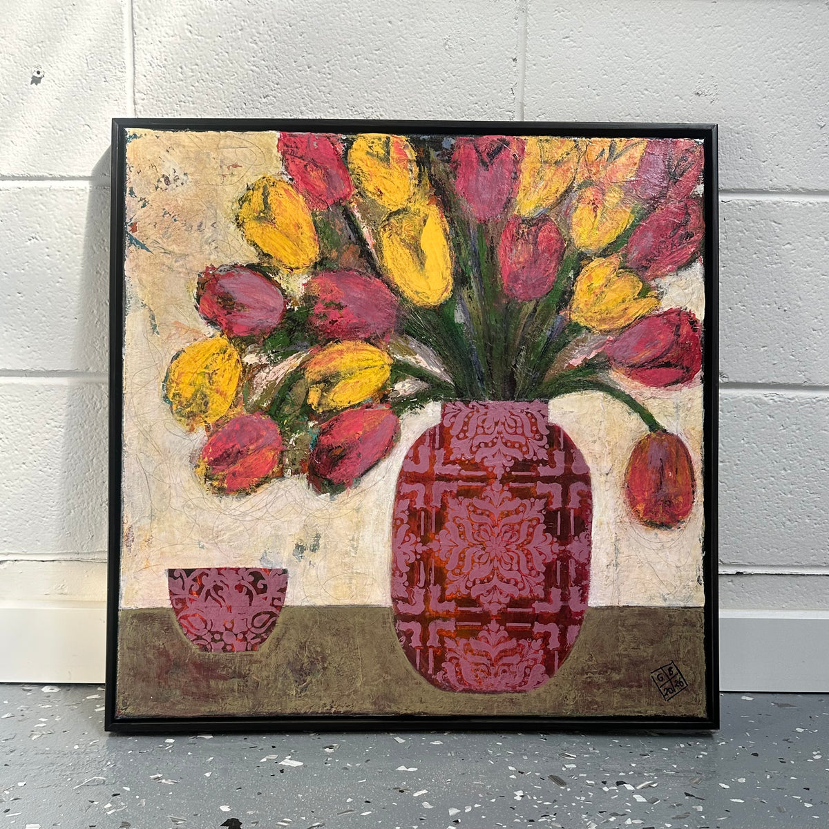 GEORGINA BARNETT Tulips in a pink vase with bowl