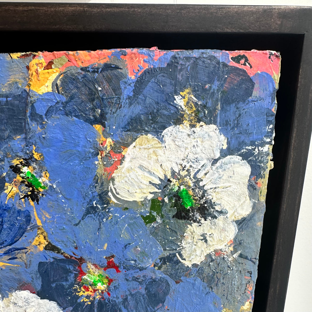 GEORGINA BARNETT Blue and red flowers in a golden vase and bowl