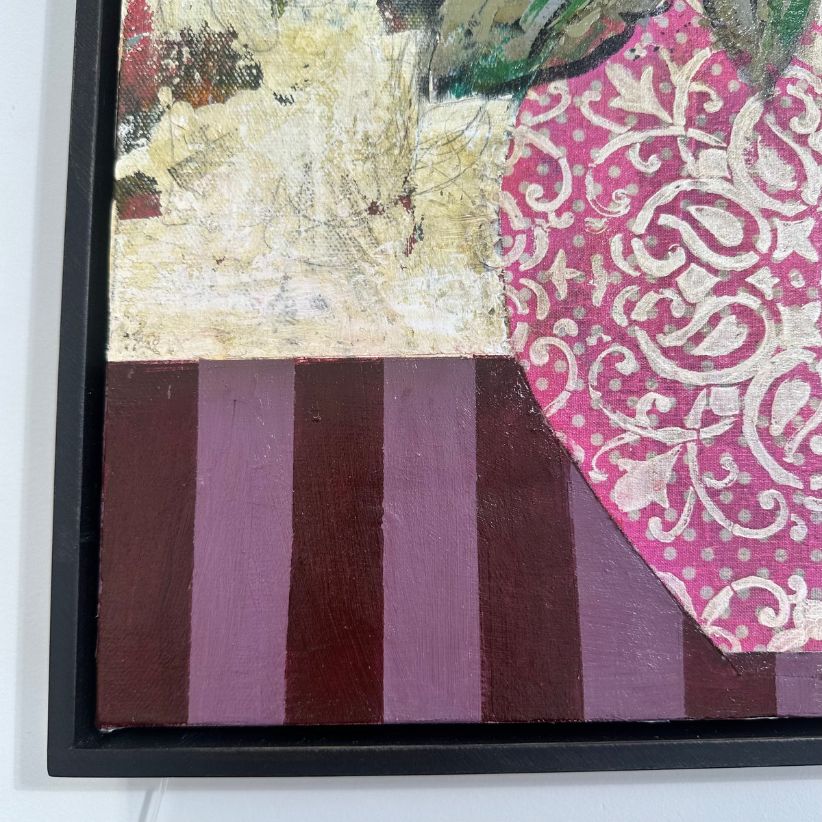 GEORGINA BARNETT Red roses in a decorative pink vase