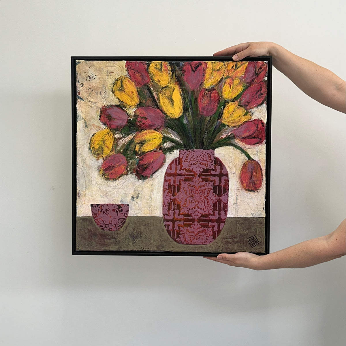 GEORGINA BARNETT Tulips in a pink vase with bowl